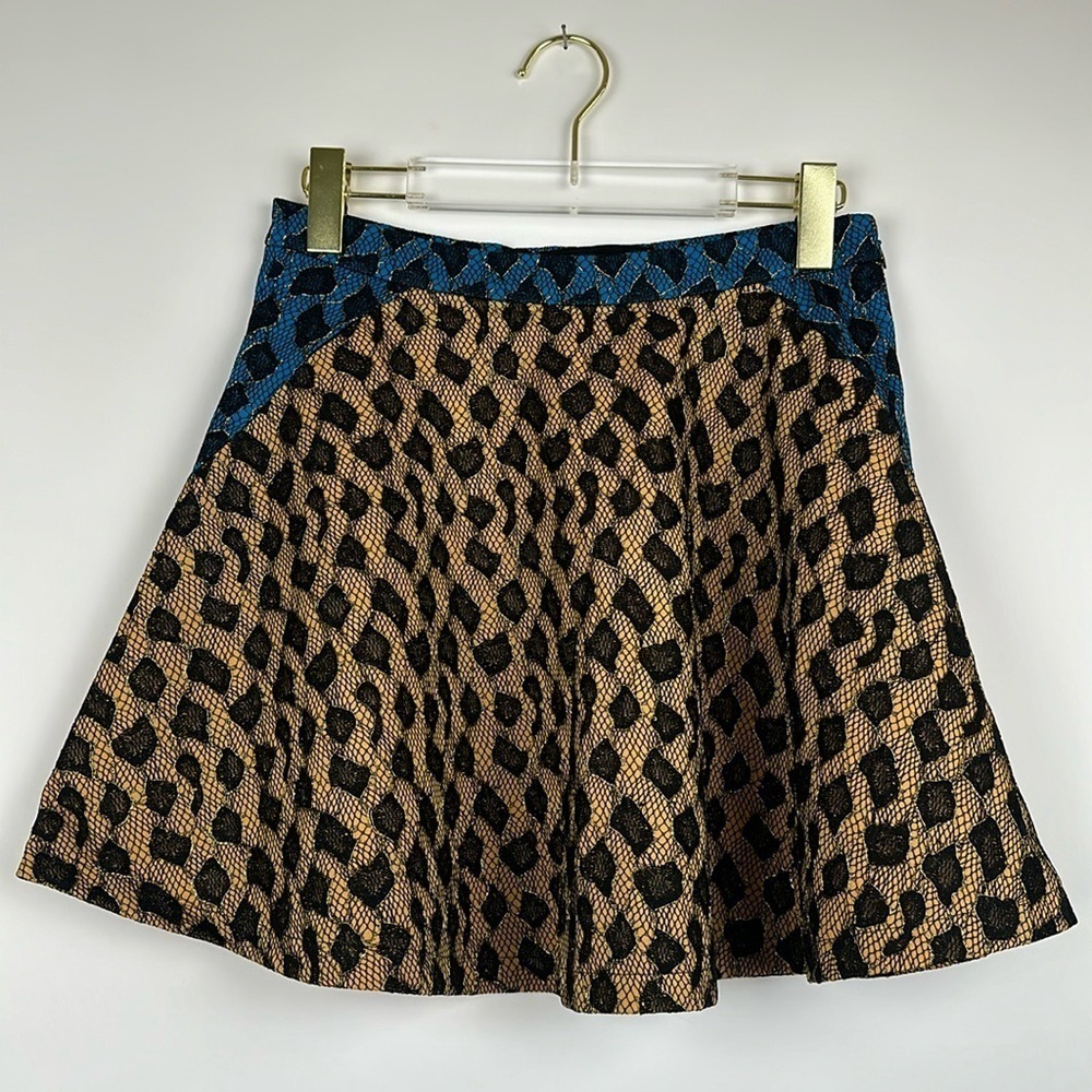 English Rose Leopard Print Yellow, Blue & Black Lace A-Line Mini Skirt Size M